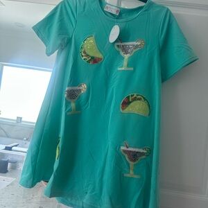 Teal Dress with Sequin Cocktail and Taco Patches